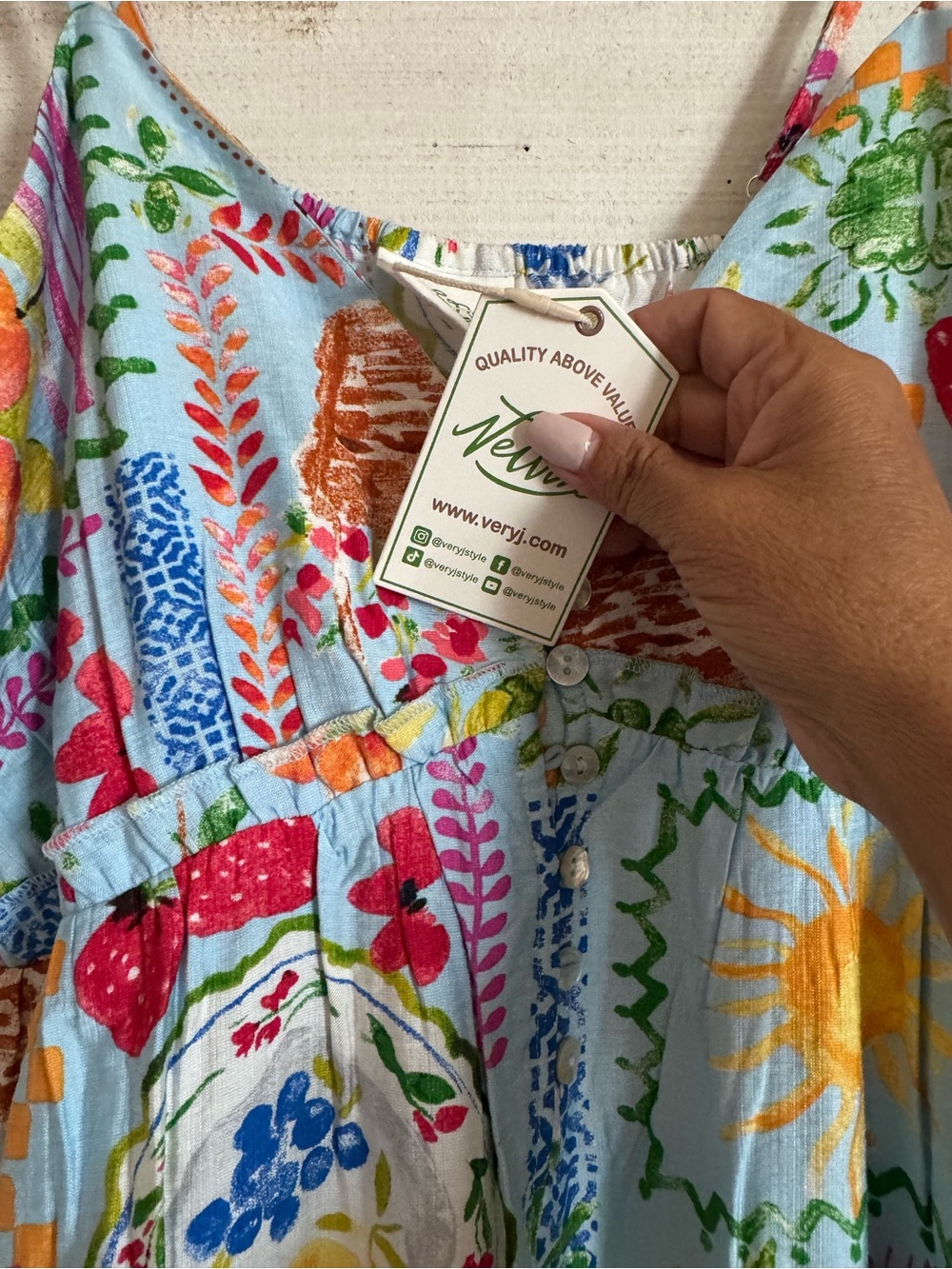 Very J Light Blue Floral & Fruit Print Sundress - Picture 3 of 6